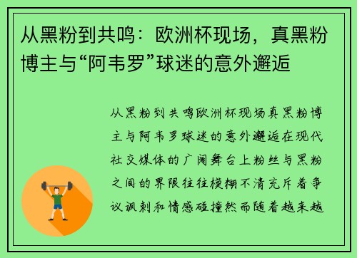 从黑粉到共鸣：欧洲杯现场，真黑粉博主与“阿韦罗”球迷的意外邂逅