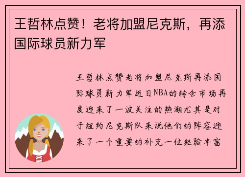 王哲林点赞！老将加盟尼克斯，再添国际球员新力军