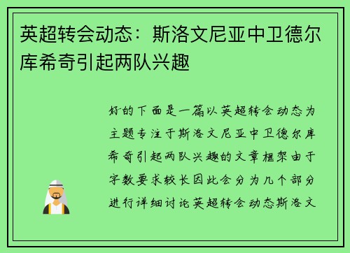 英超转会动态：斯洛文尼亚中卫德尔库希奇引起两队兴趣