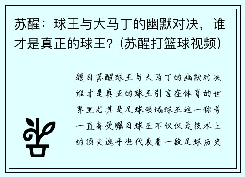 苏醒：球王与大马丁的幽默对决，谁才是真正的球王？(苏醒打篮球视频)